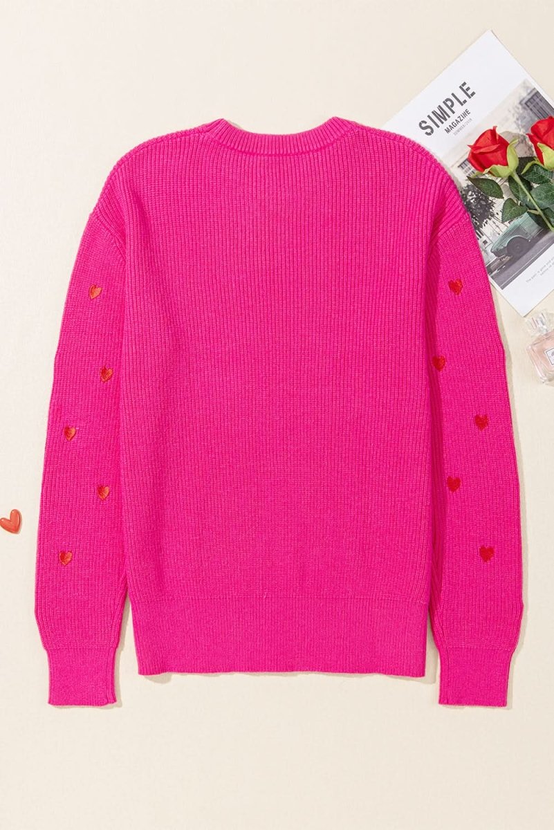 Rose Red Heart Shape Drop Shoulder Round Neck Sweater - Love Salve